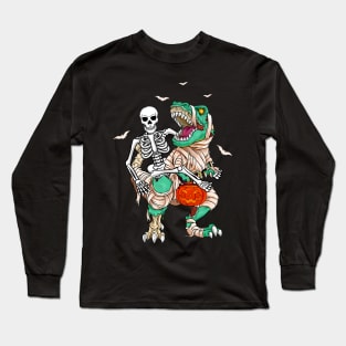 Skeleton Riding Mummy Dinosaur T Rex Kids Funny Halloween Long Sleeve T-Shirt